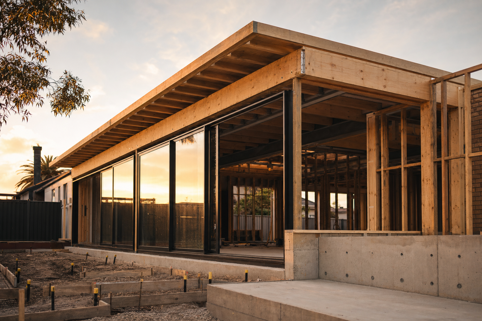 Modern home extension under construction in Melbourne at golden hour